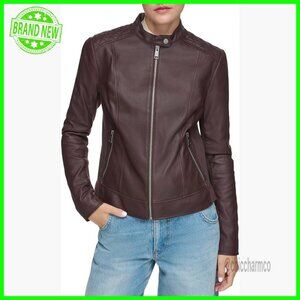 Slim Fit Leather Racer Jacket with Rib Knit Paneling, Zip Front